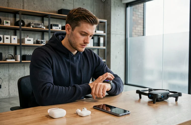 Jeune homme examinant une montre connectée entouré de gadgets high-tech dans un espace de travail moderne