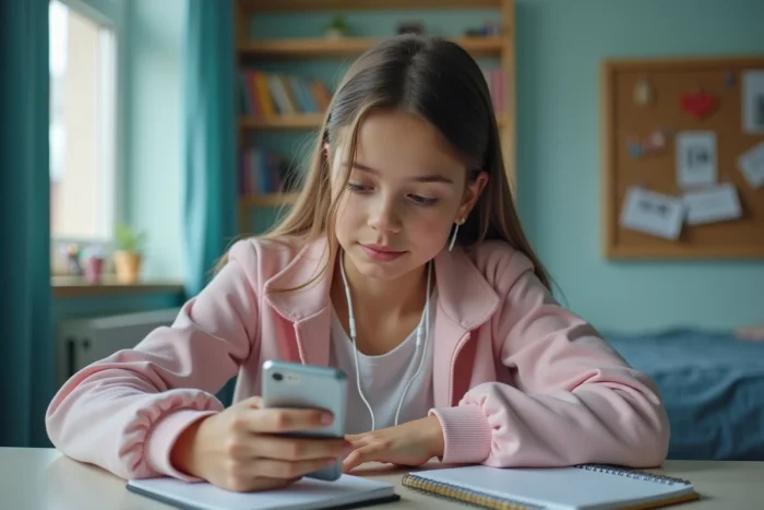 Adolescente prenant des notes sur la signification des cœurs Snapchat jaune et rose dans sa chambre