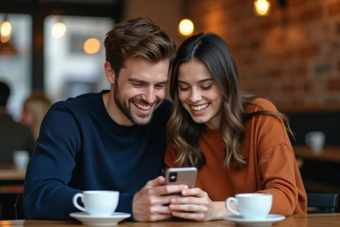 Deux amis dans un café regardant ensemble les emojis cœurs de Snapchat sur un smartphone