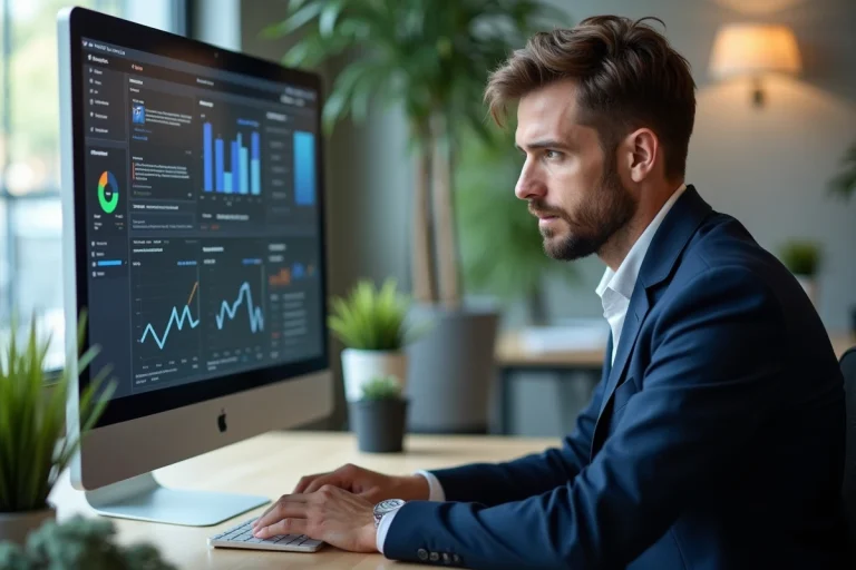 Homme français analysant des graphiques numériques en bureau