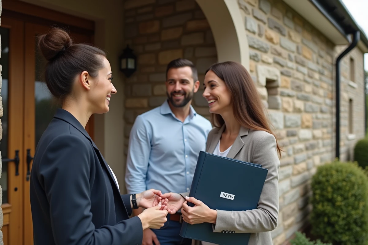 Architecte donnant un devis à un couple devant une maison