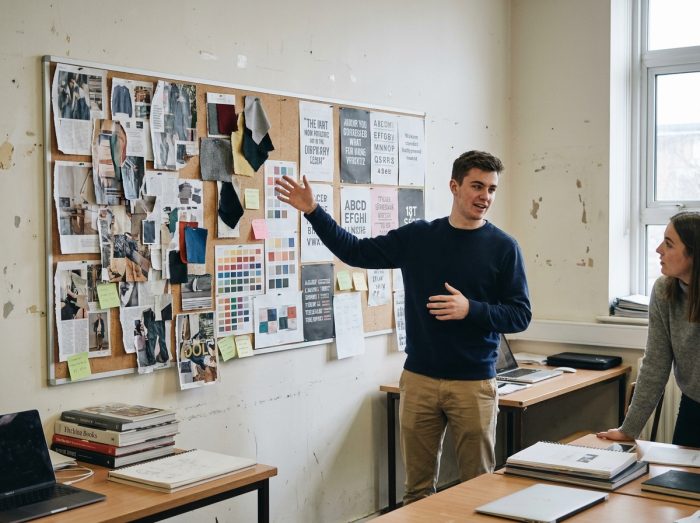 Étudiant en prépa design présentant un moodboard à un camarade lors d'un atelier collectif