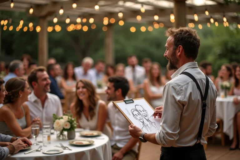 Caricaturiste professionnel animant une réception de mariage en plein air avec des invités souriants dans un jardin décoré