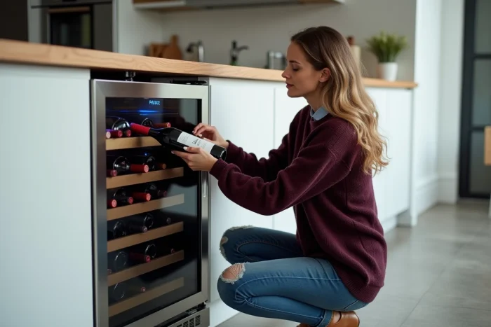 Femme rangeant une bouteille de vin rouge dans une cave à vin réfrigérée à température contrôlée dans une cuisine moderne
