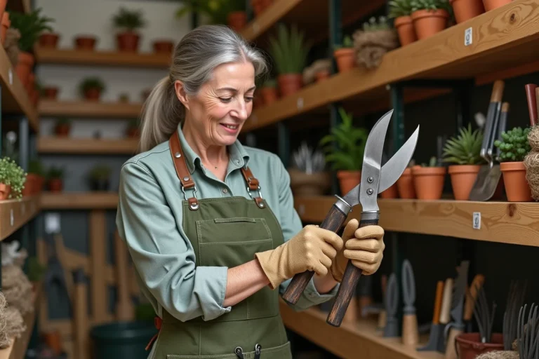 Femme examinant un sécateur dans un magasin de jardinage bien approvisionné en outils de qualité