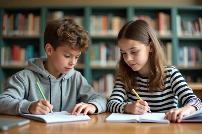 Deux collégiens de cinquième comparant leurs notes et devoirs dans une bibliothèque scolaire en France