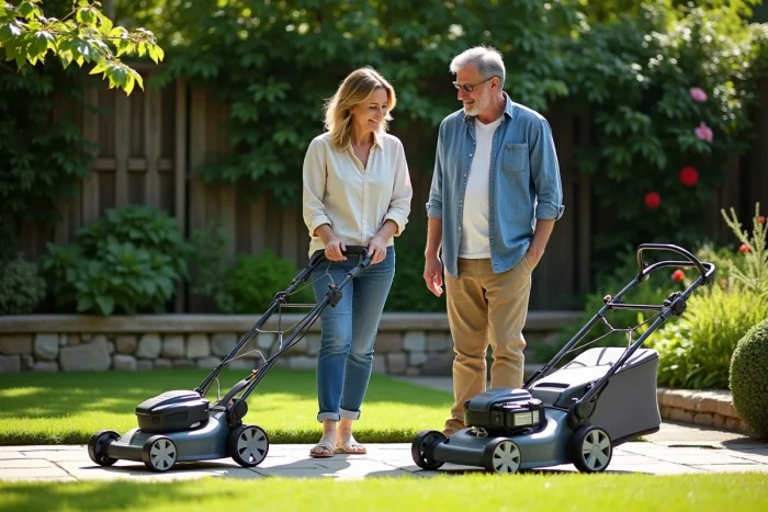 Couple comparant deux tondeuses électriques dans un jardin bien entretenu pour choisir le meilleur équipement