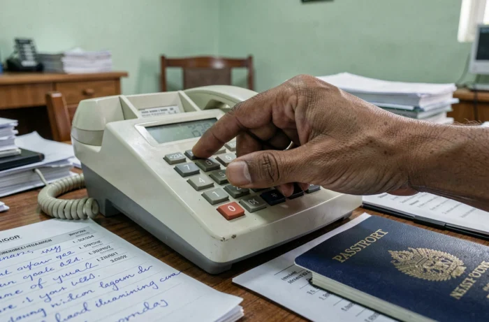Gros plan d'une main composant un numéro de téléphone nigérian avec l'indicatif international +234 sur un téléphone de bureau
