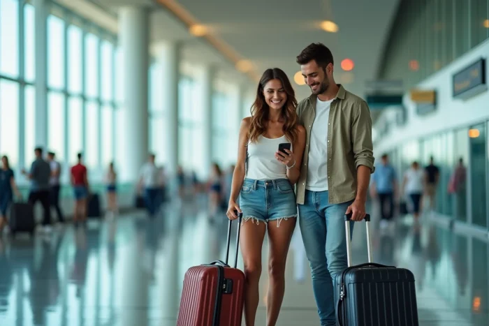 Couple à l'aéroport vérifiant une offre promotionnelle sur Voyage Leclerc avant d'embarquer pour leurs vacances