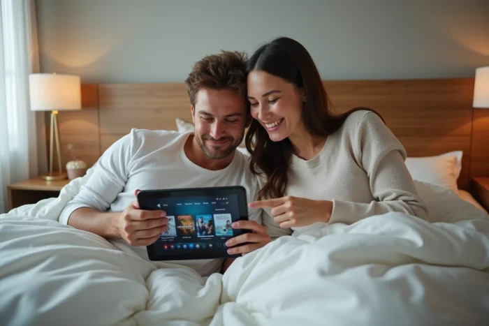 Couple choisissant un film sur une application VOD depuis une tablette dans leur chambre