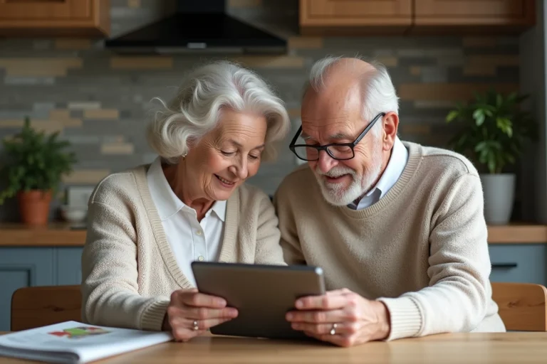 Couple senior utilisant une tablette dans la cuisine chaleureuse