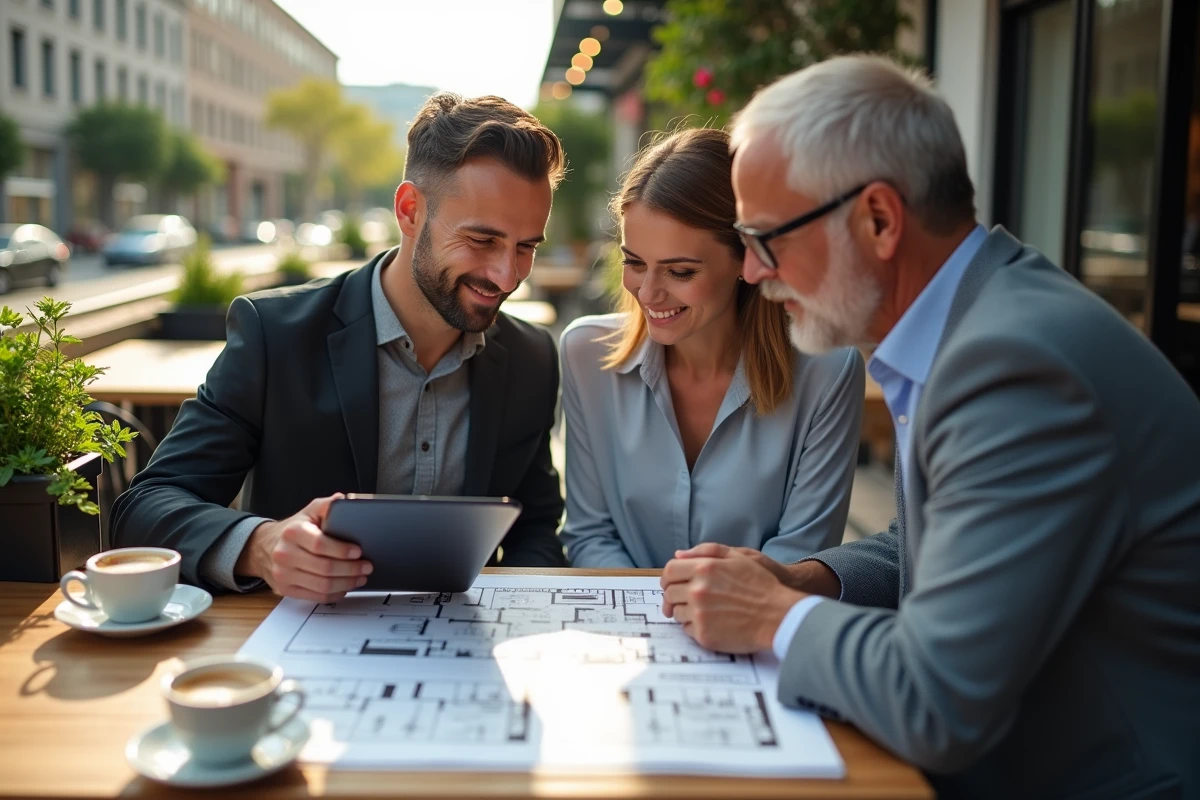 Jeune couple discutant plans immobiliers avec agent dans un café