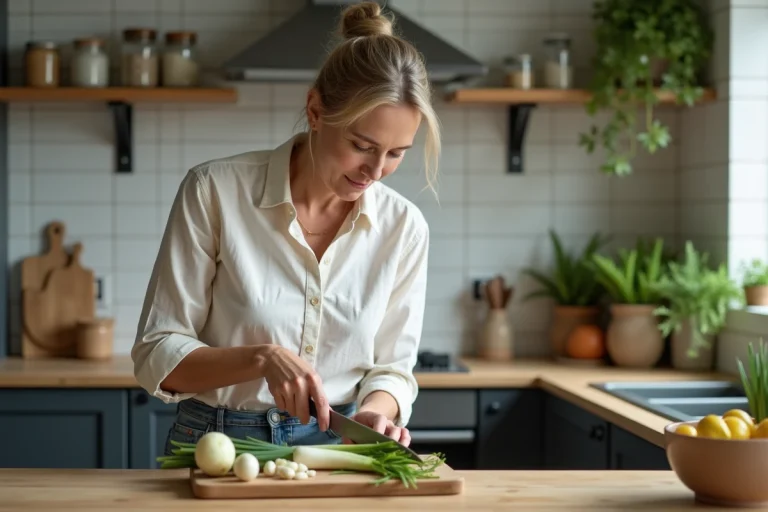 Femme en cuisine coupant des herbes fraîches avec concentration