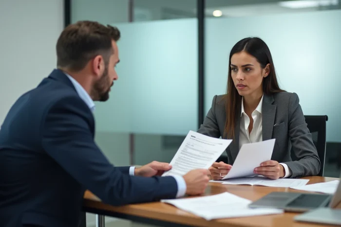 Manager et employée discutant d'une baisse de salaire autour de documents contractuels dans une salle de réunion d'entreprise