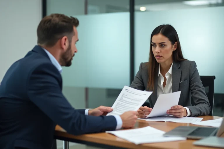 Manager et employée discutant d'une baisse de salaire autour de documents contractuels dans une salle de réunion d'entreprise