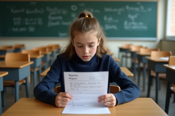 Élève de 5e consultant son bulletin scolaire avec ses notes et moyenne générale dans une salle de classe française