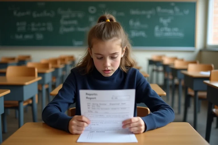 Élève de 5e consultant son bulletin scolaire avec ses notes et moyenne générale dans une salle de classe française