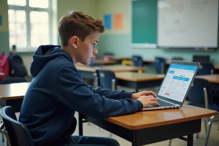 Élève de collège consultant la plateforme Pronote sur un ordinateur portable en classe