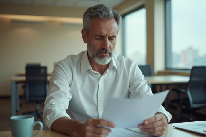 Employé examinant une fiche de paie avec une expression préoccupée face à une réduction de salaire dans un bureau
