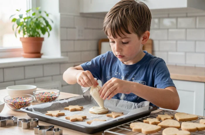 Enfant décorant des biscuits maison avec du glaçage dans une cuisine familiale le week-end