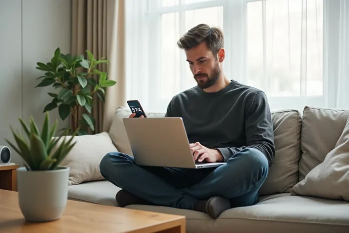 Entrepreneur travaillant sur sa stratégie marketing digital depuis son bureau à domicile avec ordinateur portable et smartphone