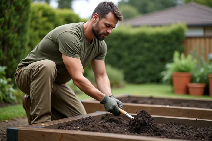 Homme binant un carré potager surélevé avec un outil de jardinage à long manche dans un jardin résidentiel