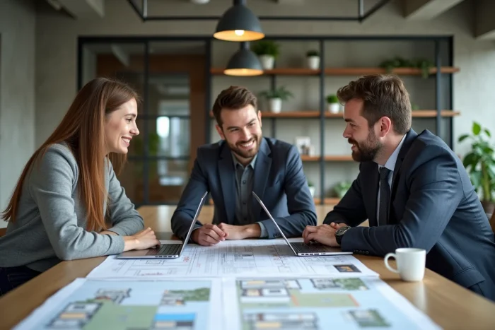 Groupe de collègues comparant des sites immobiliers sur ordinateurs portables autour d'une table de réunion avec plans et brochures