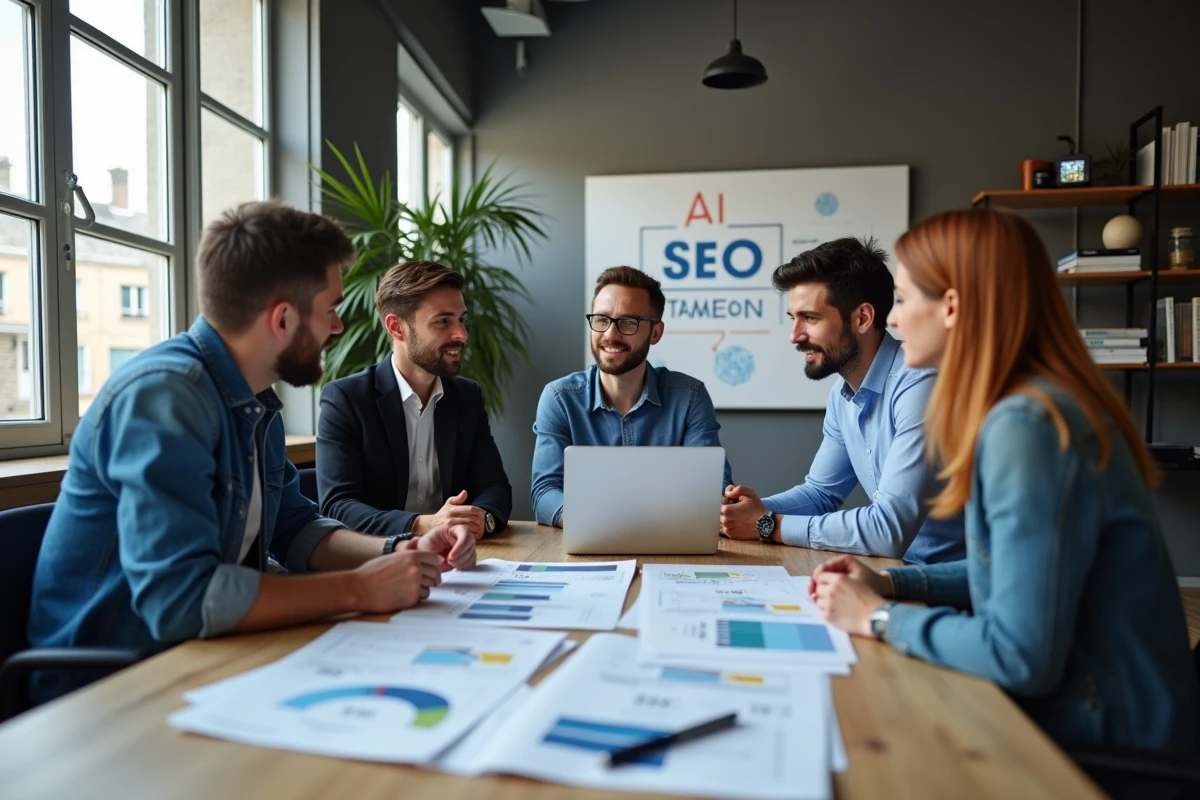 Groupe de consultants SEO collaborant autour d