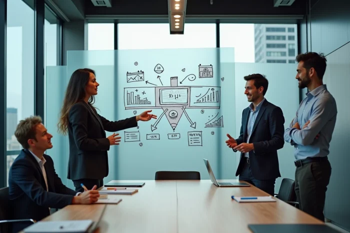 Équipe marketing discutant d'une stratégie digitale 2024 autour d'un tableau blanc dans une salle de réunion moderne