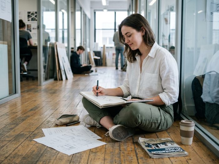 Jeune étudiante en prépa design dessinant dans un couloir d'école avec ses carnets d'orientation