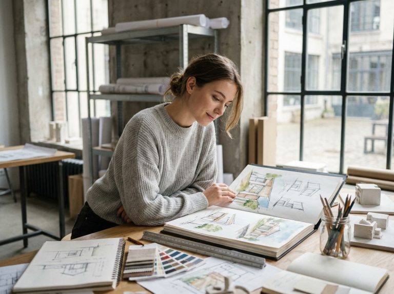 Étudiante en prépa design concentrée sur son portfolio dans un studio scolaire moderne