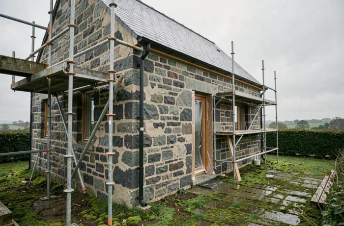 Façade en pierre de granit d'une maison bretonne en rénovation avec échafaudage et joints de mortier neufs
