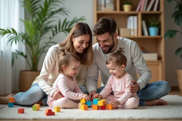 Jeune famille jouant avec des blocs en famille