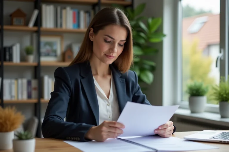 Femme d'affaires examinant un portefeuille immobilier dans un bureau moderne