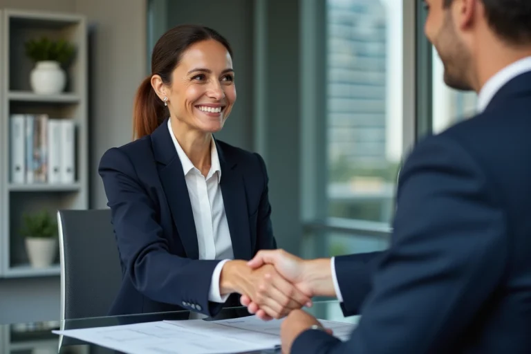 Femme d affaires confiante serrant la main d un professionnel immobilier