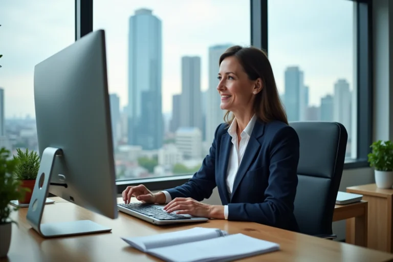Femme d'affaires utilisant un tableau de bord numérique pour gérer les services de sa PME sur une plateforme en ligne comme BusiBoost