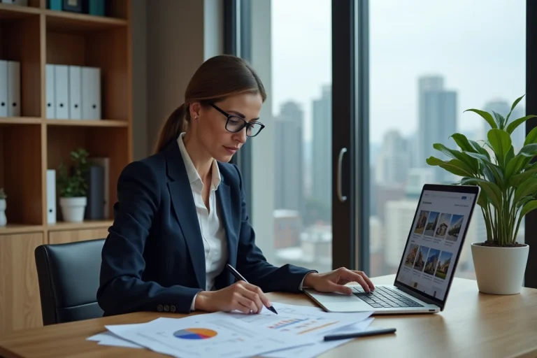 Femme professionnelle analysant des sites d'investissement immobilier sur ordinateur portable dans un bureau moderne