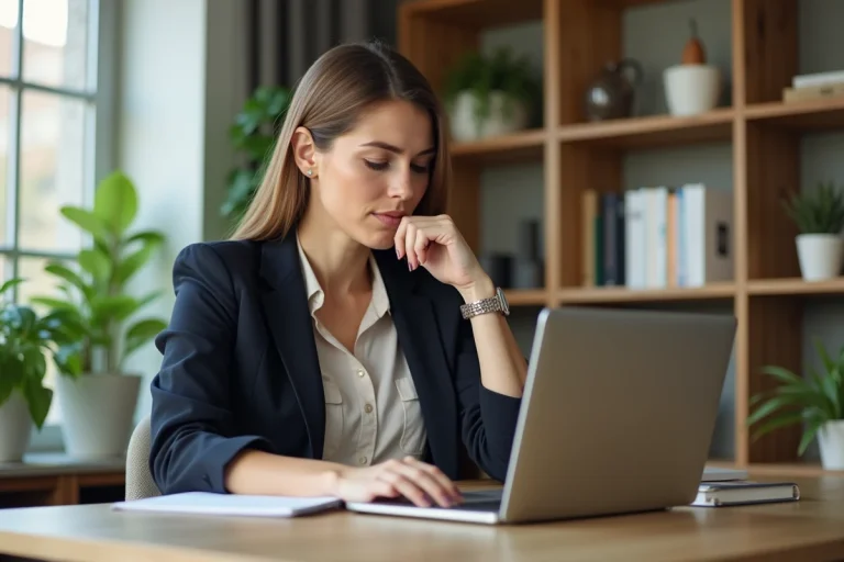 Femme concentrée devant son ordinateur dans un bureau moderne