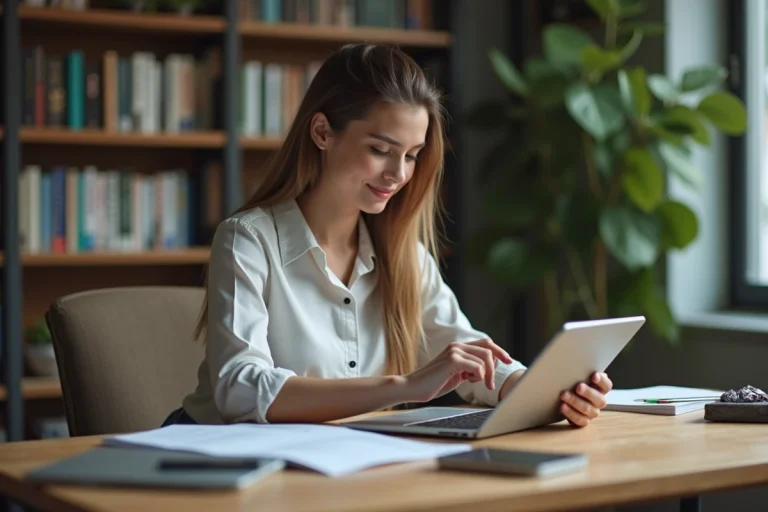 Jeune femme au bureau utilisant une tablette dans un espace moderne