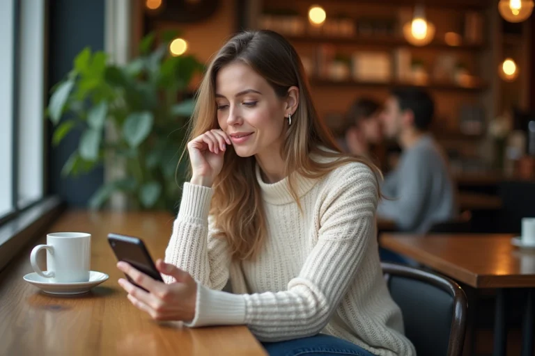 Femme lisant des articles sur son téléphone dans un café