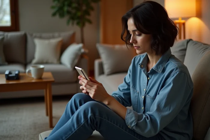 Femme utilisant un iPhone sur un canapé pour configurer une application iOS, représentant le processus d'installation via une méthode alternative