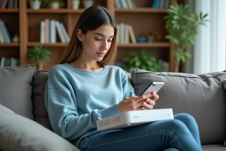 Jeune femme avec box et smartphone dans un salon cosy