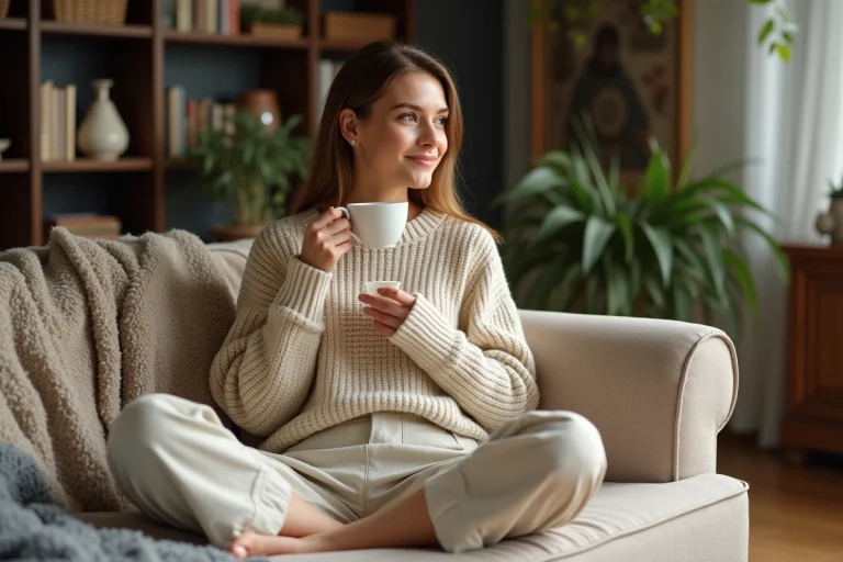 Femme détendue buvant du thé dans un salon cosy