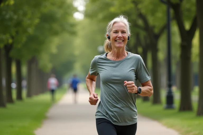 Femme souriante courant dans un parc verdoyant