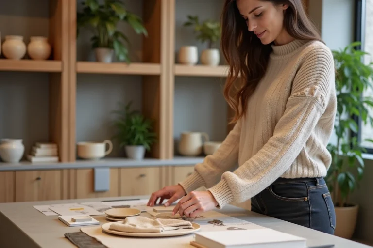 Femme examine des échantillons de décoration écologique