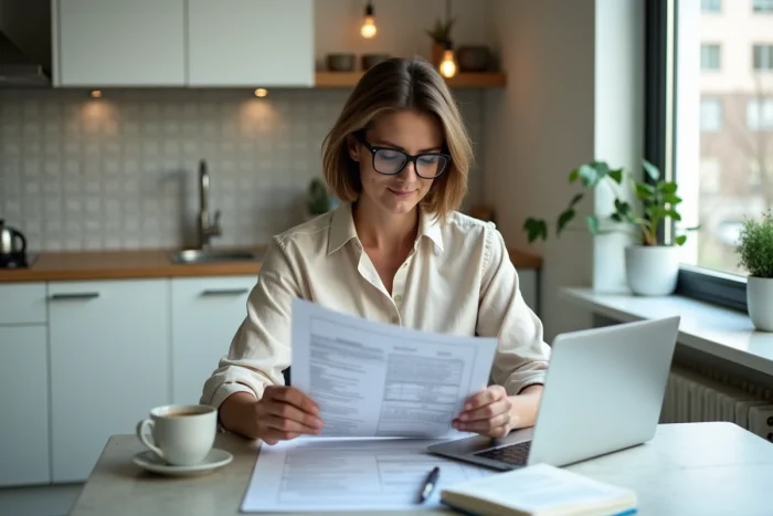 Femme seule à sa table de cuisine étudiant les frais de notaire et documents hypothécaires pour un achat immobilier
