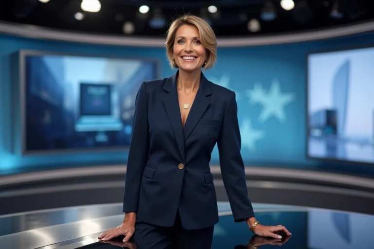 Femme élégante en tailleur bleu marine dans un studio moderne