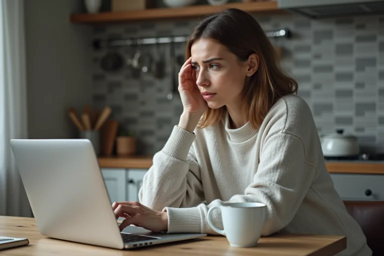 Femme concentrée à étudier sur son ordinateur dans la cuisine