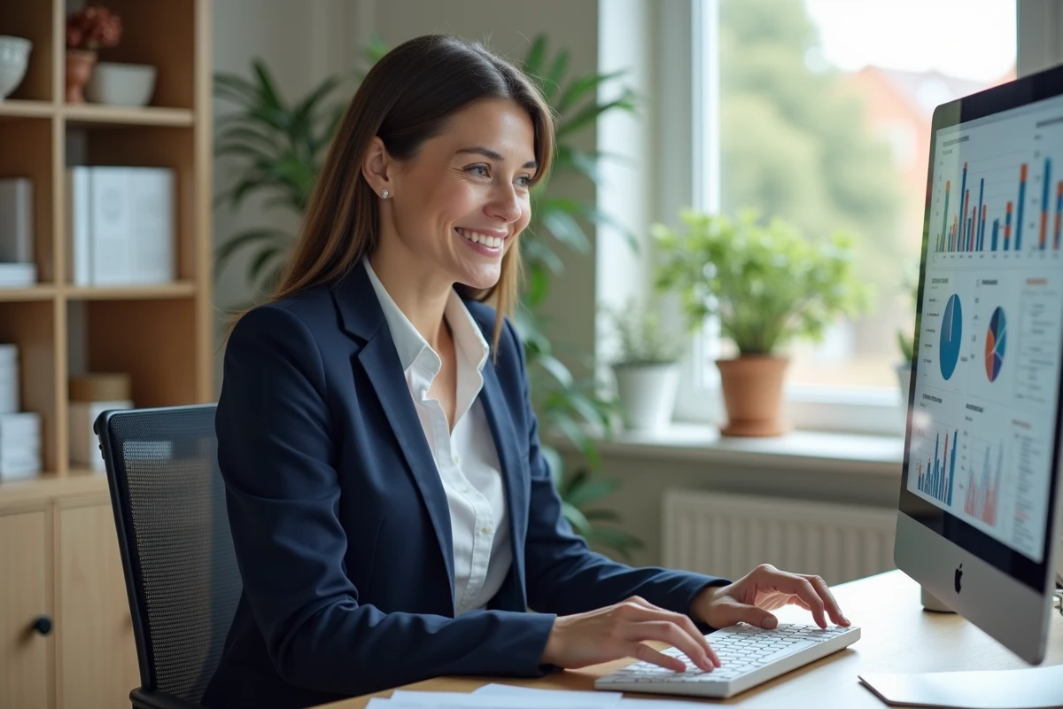 Femme en home office analysant des données sur son ordinateur