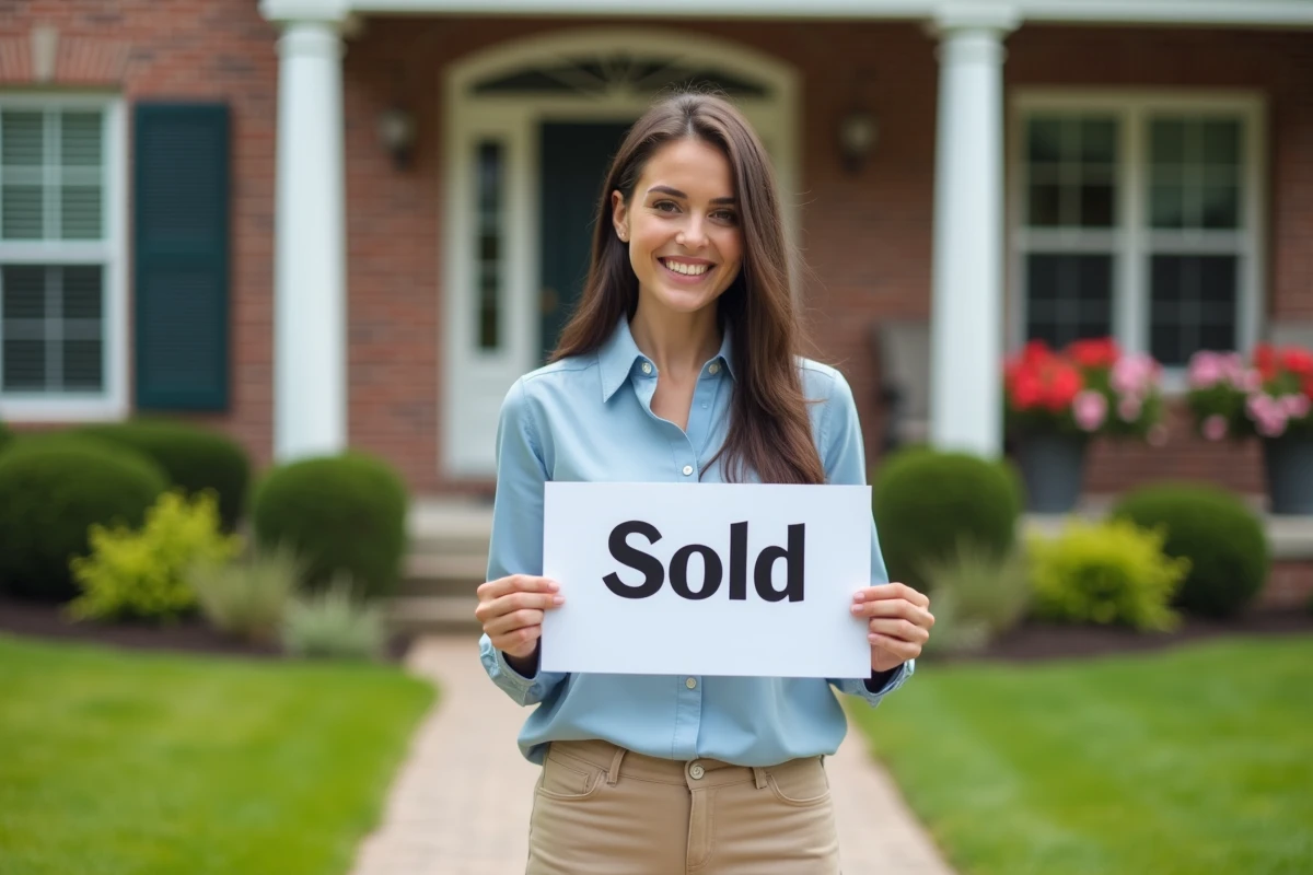 Jeune femme souriante devant une maison avec panneau vendu